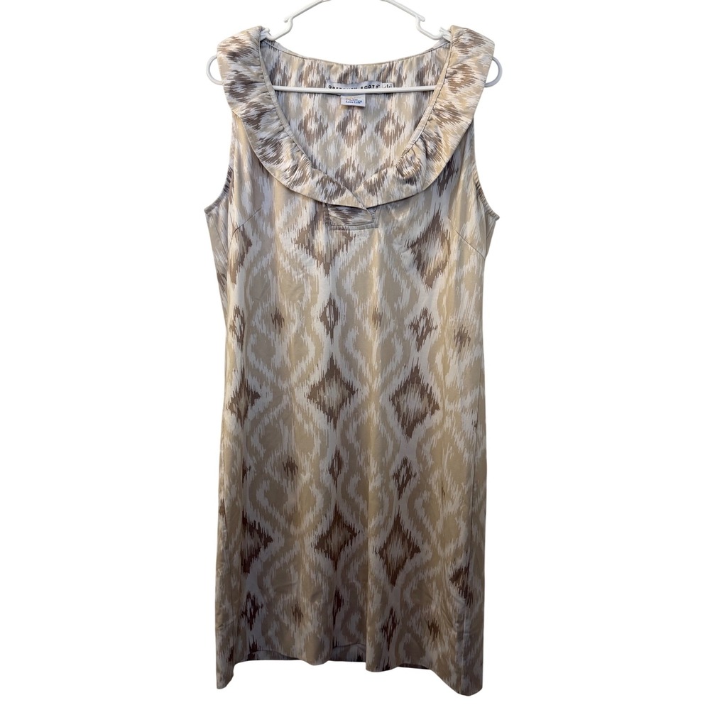 Gretchen Scott Large Tan Ikat Ruffle Collar Sleeveless Shift Dress L Resortwear